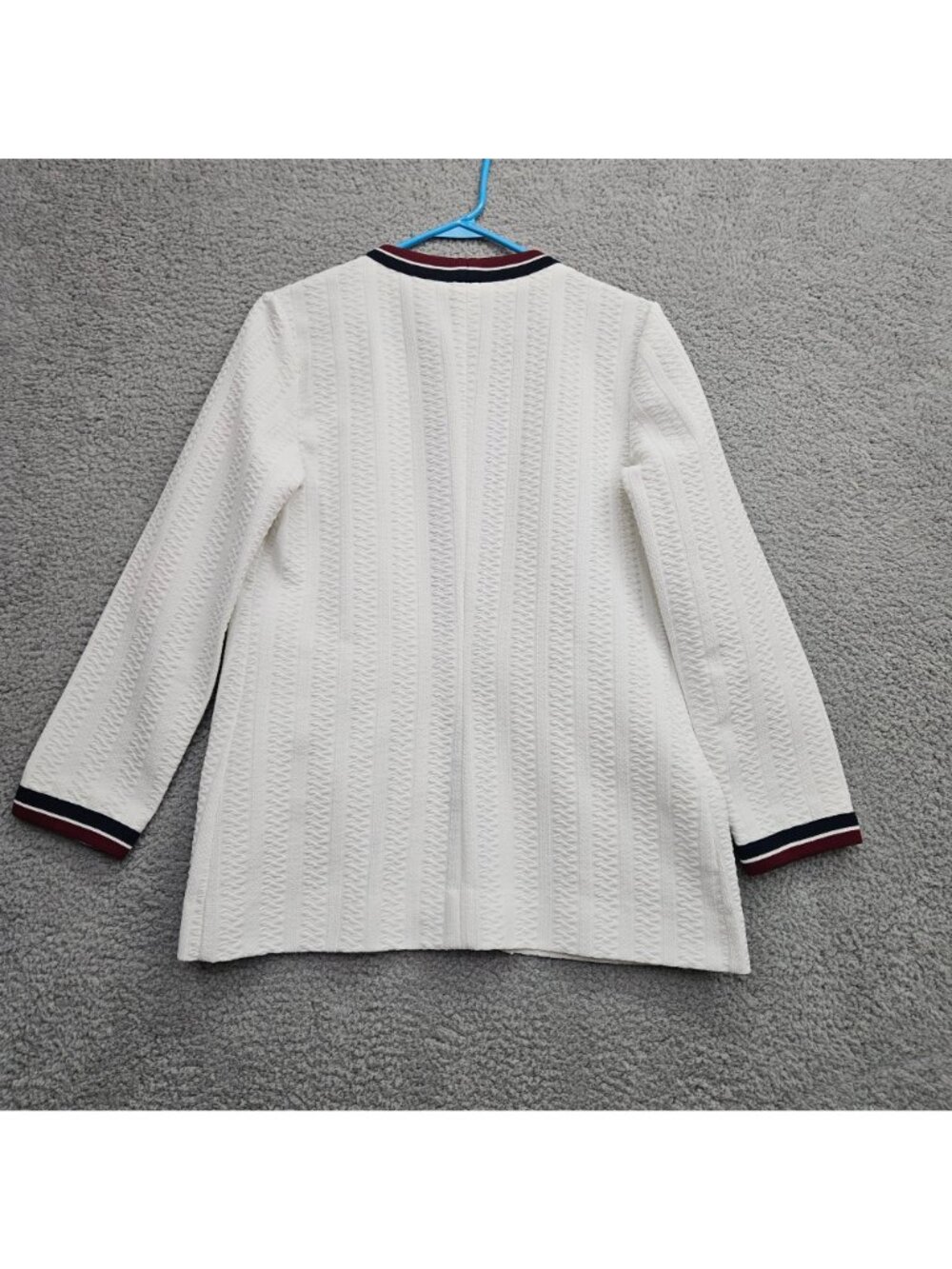 Butte Knit Womens White Textured Open Front Blazer Burgundy Navy Trim Size M - Picture 8 of 9